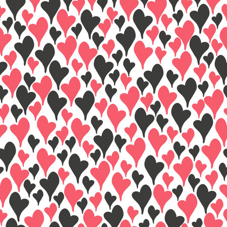 Hand drawn doodle red and black hearts seamless pattern on white background. Vector illustration