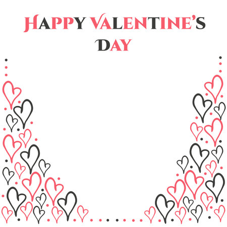 Vertical border with doodle black and red heart and text. Valentine day card on white background. Vector illustrationのイラスト素材