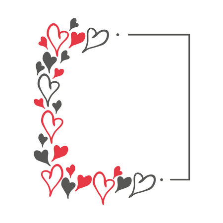 Hand drawn doodle square frame with red and black hearts. Simple elements isolated on white background. Vector illustrationのイラスト素材