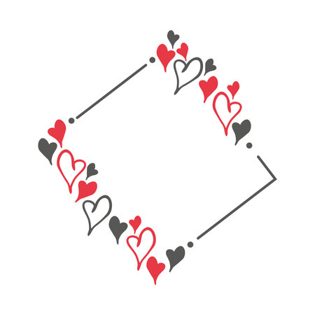 Hand drawn doodle diamond frame with red and black hearts. Simple elements isolated on white background. Vector illustrationのイラスト素材