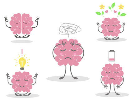 Cute brain character set in stress, depressed, idea, relax. Flat vector illustration isolated on white backgroundのイラスト素材