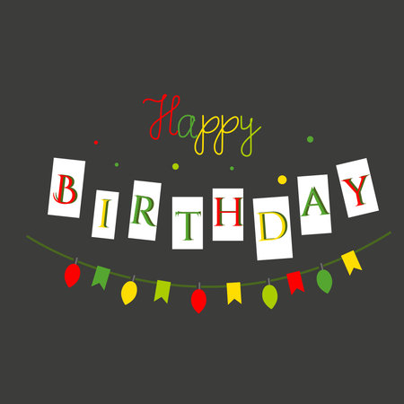 Happy Birthday banner with light bulb garland, flags and lettering on black background. Vector illustrationのイラスト素材