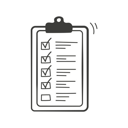 Checklist doodle icon. Hand drawn clipboard template vector illustrationのイラスト素材