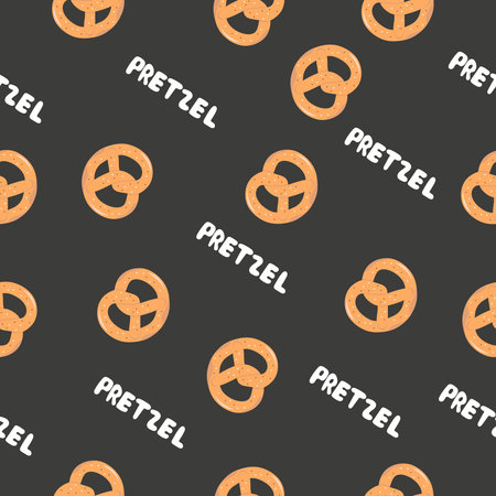 Pretzel, delicious pastries seamless pattern on black background. Traditional German bread with saltのイラスト素材