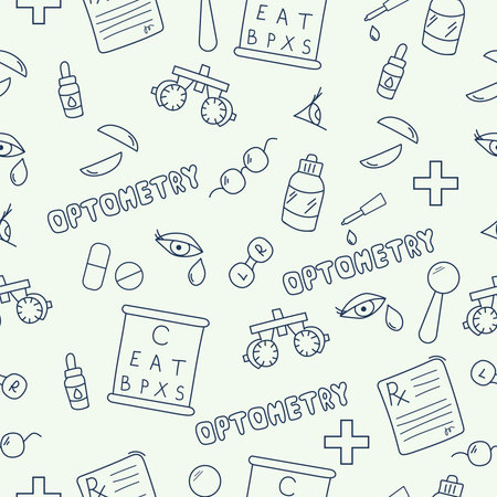 Equipments for optometry seamless pattern. Doodle banner with vision examination tools.のイラスト素材