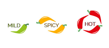 Labels of the level of hot pepper in food. Hot, spicy and mild icon with red, yellow and green chilli peppers.のイラスト素材