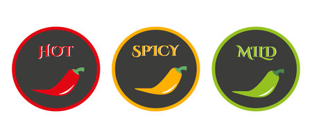 Labels of the level of hot pepper in food. Hot, spicy and mild icon with red, yellow and green chilli peppers.のイラスト素材