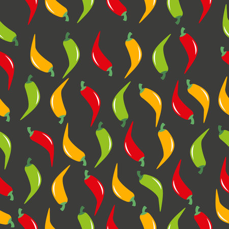 Seamless pattern with red, yellow and green chilli peppers on black backgroundのイラスト素材