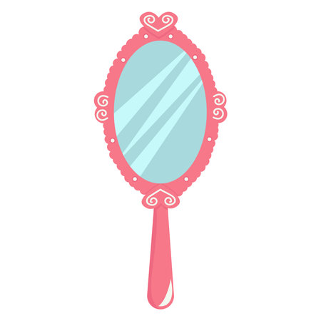 Hand mirror with hearts from princess. Pink vintage accessory for a little girl. Toy isolated on white backgroundのイラスト素材