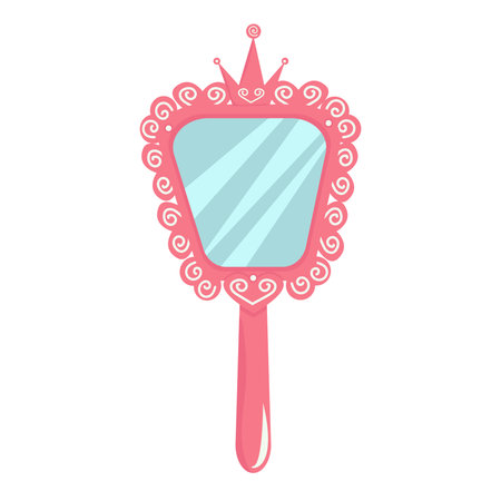 Hand mirror with crown from princess. Pink vintage accessory for a little girl. Toy isolated on white backgroundのイラスト素材