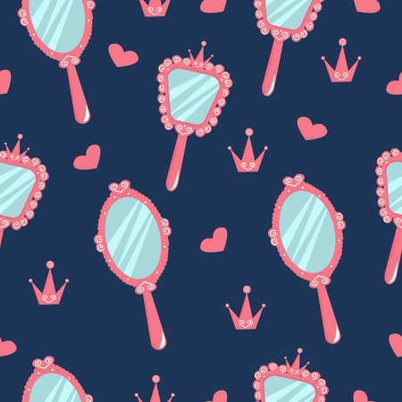 Seamless pattern with hand mirror from princess. Pink vintage accessory for a little girl on blue background.のイラスト素材