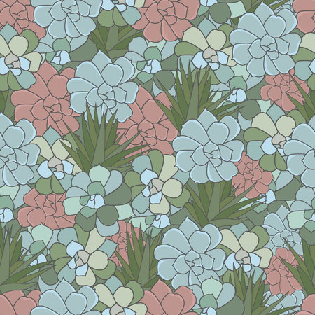 Seamless pattern of succulent cactus, hand drawn colourful plant.のイラスト素材