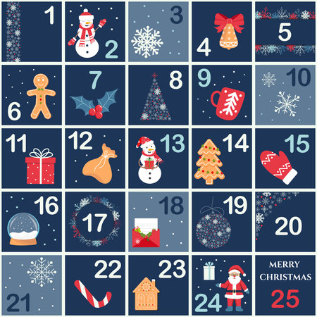 Advent calendar with symbol of Christmas. Vector countdown to Xmas with numbersのイラスト素材