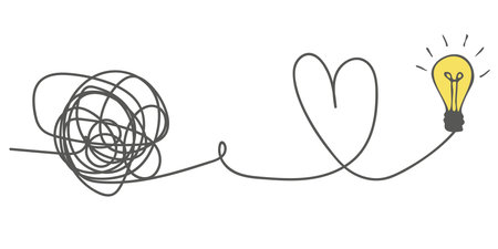 The way to solve a complex idea, mentoring. The concept of confusion turning into a light bulb. Untangle the curve. Understand the meaning. Doodle vector illustrationのイラスト素材