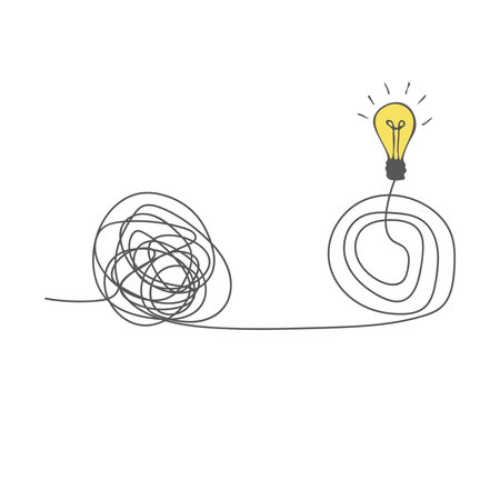 The way to solve a complex idea, mentoring. The concept of confusion turning into a light bulb. Untangle the curve. Understand the meaning. Doodle vector illustrationのイラスト素材