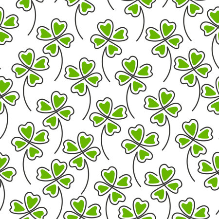 Line art clover four green leaf seamless pattern isolated on white background. St. Patrick day symbol. Vector illustrationのイラスト素材