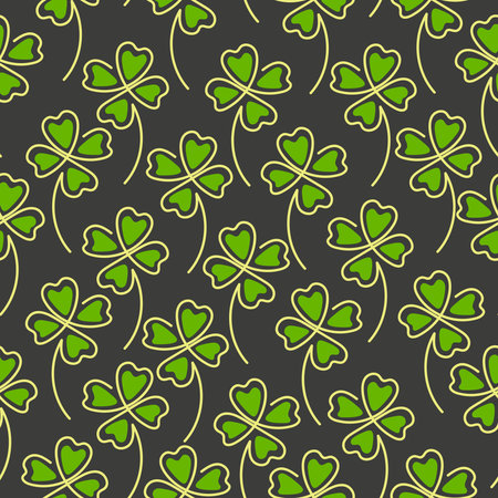 Line art clover four green leaf seamless pattern on black background. St. Patrick day symbol. Vector illustrationのイラスト素材