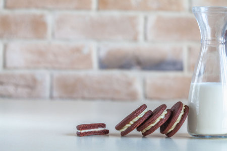 homemade chocolate chip cookies with milkの写真素材