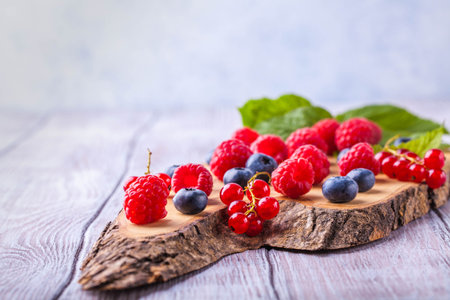 Sugar waffle cone with forest berries, copyspace, horizontalの写真素材