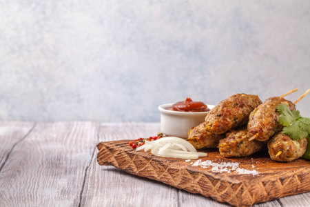 Lulya-kebab. Shish kebab on a stick, minced meat. Traditional Caucasian dish. On a cutting board,...