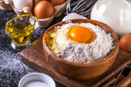 Ingredients for cooking bread on a dark background horizontalの写真素材