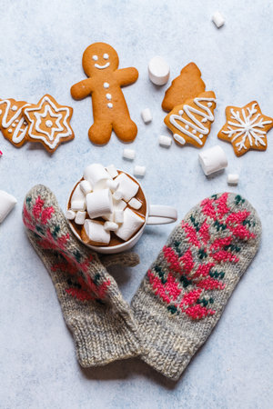 Christmas ginger cookies on a gray-blue background, horizontal, new Year, flat lay, copyspace, mittensの写真素材