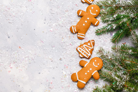 Christmas ginger cookies gray background, horizontal, new Year