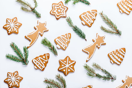 flat lay of Christmas cookies, dried orange and fir branches on a white background, squareの写真素材