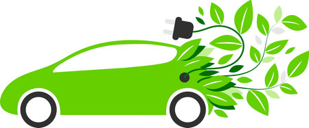 Electric car with charging cable and green leaves.のイラスト素材