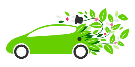 Electric car with charging cable and leavesのイラスト素材