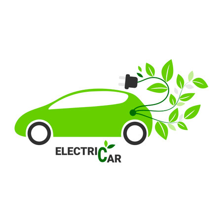 Electric car with charging cable, leaves and titleのイラスト素材