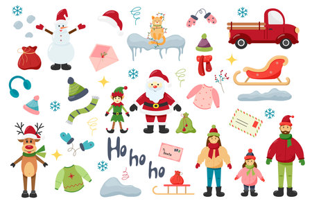 Flat set of christmas elements. Santa Claus, elf, deer, snowman, family, cat, car, sledge, clothesのイラスト素材