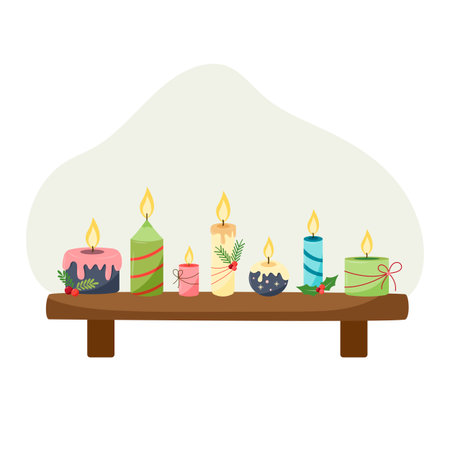 Set of Christmas candles. candles on a shelf, decorated for Christmas, a fire is burning, different shapes and sizesのイラスト素材