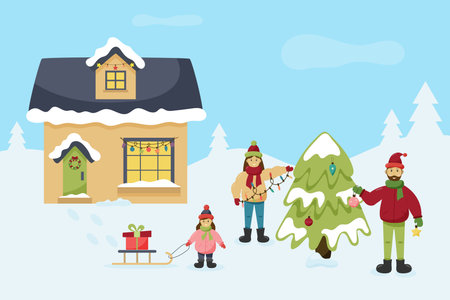 Family outside in winter. Mother, father and daughter decorate a Christmas tree in the yard of their house. Family getting ready for winter holidayのイラスト素材