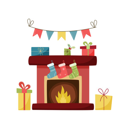 Fireplace with gifts and socks. New year and xmas celebration.Merry christmas holiday. vector illustration flat styleのイラスト素材