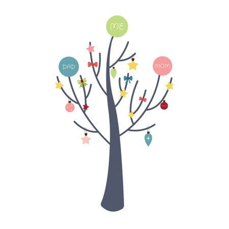 Family tree in the New Year and xmas style. Balls, bows. tree without leavesのイラスト素材