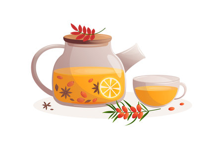 Autumn tea. Teapot with a cup. Sea buckthorn tea with citrus in the kettle. Flat illustration.のイラスト素材