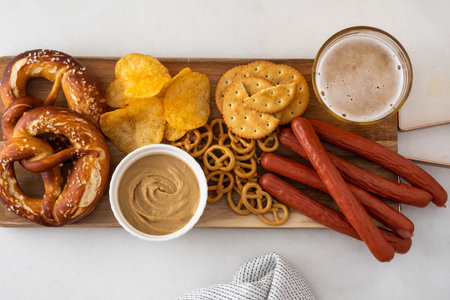 Snack to beer, Bavarian sausages, chips, brezels, crackers and mustard. Oktoberfest food, appetizing beer snacks set for big company.の写真素材