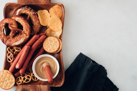 Oktoberfest food, appetizing beer snacks set for big company.Grilled sausages, chips, pretzel,crackers on white table.Toned image.の写真素材