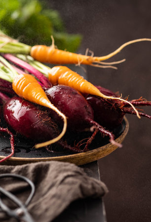 Fresh vegetables carrots, beetroots on wooden plate. Harvest still life.