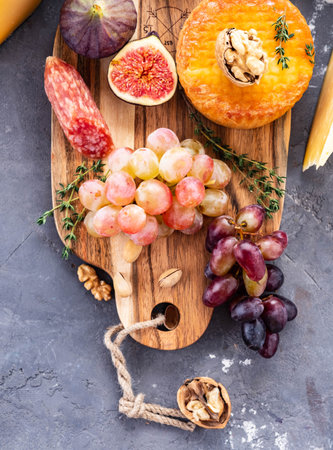 Cheese plate served with grapes, jam, figs, crackers and nuts on a grey background. Copy space.の写真素材