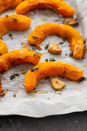 Sliced pumpkin with greens and sea salt on white baking paper as background. Top view. Copy space.の写真素材