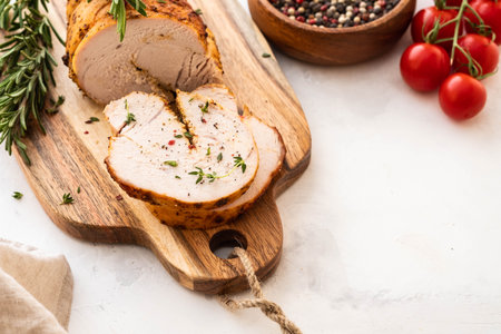 Christmas Turkey Breast Roll Stuffed with Cheese, Cranberries and Herbs, copy space.の写真素材