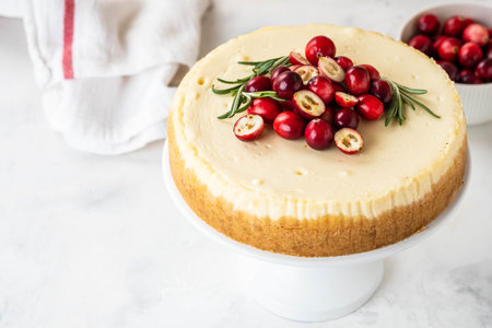 Classic New York Cheesecake with cranberry, rosemary and tea on White Concrete Background, copy spase. Tea and Cheesecakeの写真素材