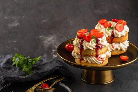Victoria sponge cake with strawberries, jam and whipped cream on dark background. Copy space.