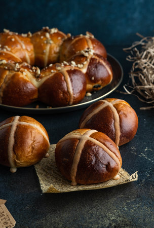 Traditional Easter cross buns on easter background.