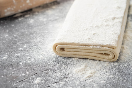 Fresh raw dough on table. Puff pastry. Copy space.の写真素材