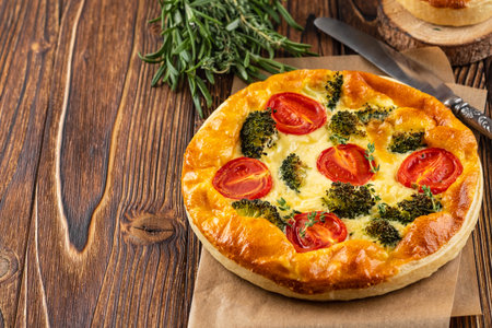 Vegetable pie with broccoli, peas, tomatoes and cheese on wooden backgroundの写真素材