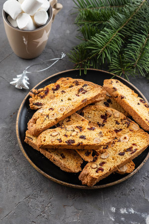 Traditional italian cookies biscotti with dried cranberry and nuts.の写真素材