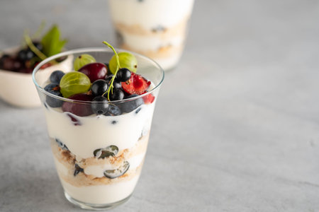 Tiramisu with berries in glasses on grey background. Italian dessert. Copy space.の写真素材